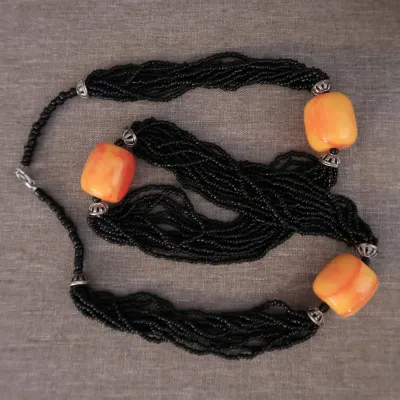 Black Glass Seed Bead Necklace With Orange Accent Beads