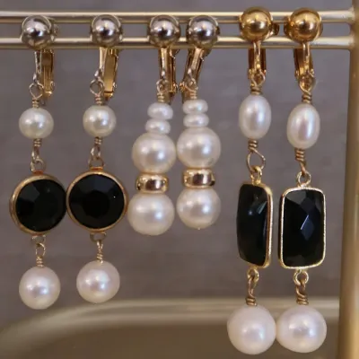 Faux Pearl And Black Crystal Drop Earrings