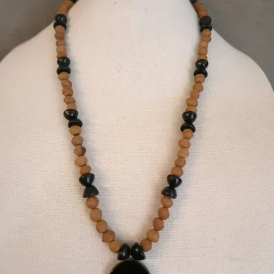 Wood Bead Necklace With Black Pendant