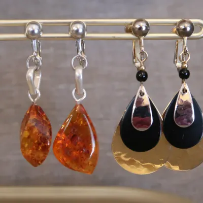 Vintage Drop Earrings, Faux Amber & Metal