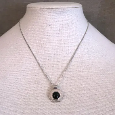 Sterling  Silver Necklace W/ Silver & Obsidian Pendant 