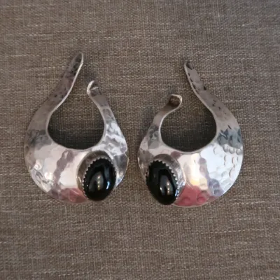 Hammered Sterling Silver Cuff Earrings With Obsidian Cabochon