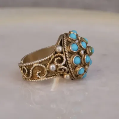 Vtg Persian Sterling Silver Vermeil Turquoise Ring  