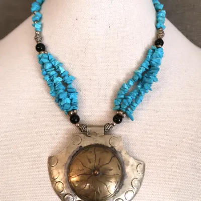 Metal Medallion Necklace W/ Turquoise Colored Beads