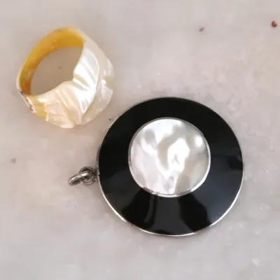 MOP & Obsidian Pendant W/carved MOP Ring