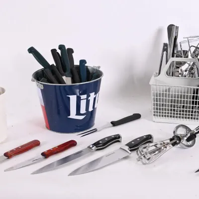 Sale Photo Thumbnail #191: Kitchen Knives, Utensils & Miller Lite Bucket