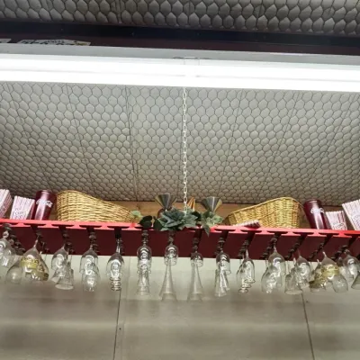 Sale Photo Thumbnail #337: Hanging Red Stemware Rack w/ Wine Glasses