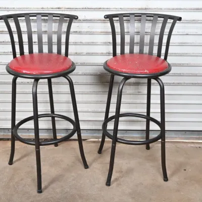 Sale Photo Thumbnail #127: Black Metal Swivel Barstools w/ Red Seats, Pair