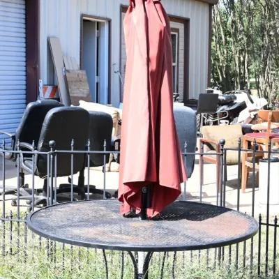 Sale Photo Thumbnail #276: Metal Mesh Patio Table w/ Red Umbrella