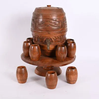 Sale Photo Thumbnail #220: Carved Wood Barrel Drink Dispenser w/ Cups