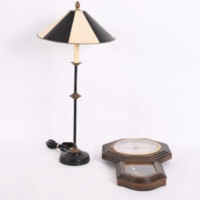 Sale Photo Thumbnail #226: Regulator Wall Clock & Black Metal Table Lamp