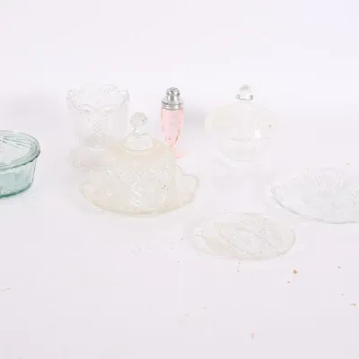Sale Photo Thumbnail #172: Pressed Glass Butter Dish, Candy Dishes & Shaker