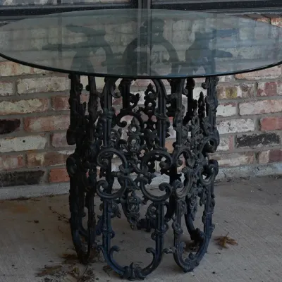 Sale Photo Thumbnail #282: Ornate Cast Iron Base Glass Top Patio Table