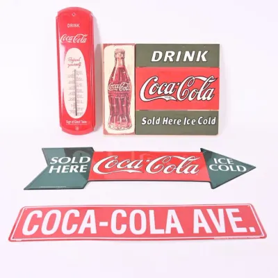 Sale Photo Thumbnail #42: Coca-Cola Tin Thermometer, Avenue & Arrow Signs