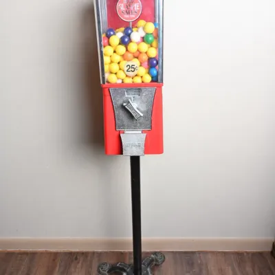 Sale Photo Thumbnail #28: Red 25¢ Gumball Machine w/ Cast Iron Stand & Key