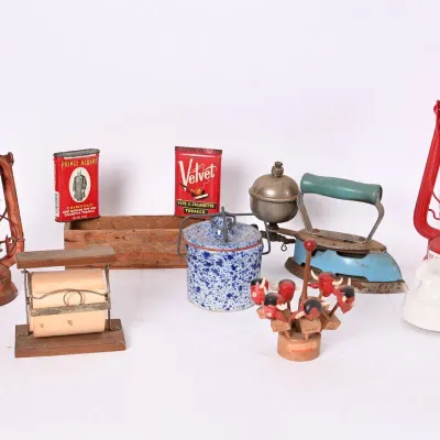 Sale Photo Thumbnail #221: Vintage Lanterns, Velvet Tobacco Tins & Sad Iron