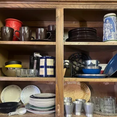 Sale Photo Thumbnail #261: Cabinet Contents, Dinnerware, Enamelware & Glasses