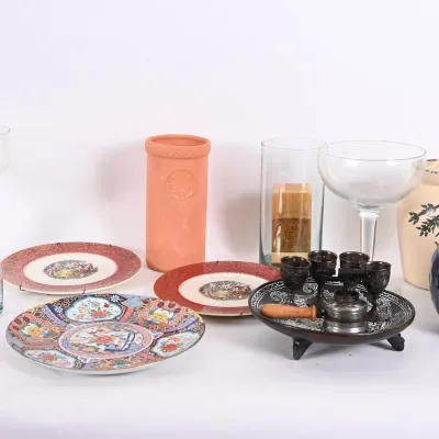 Sale Photo Thumbnail #242: Imari Style Plate, Blue Pottery Vase & Glassware