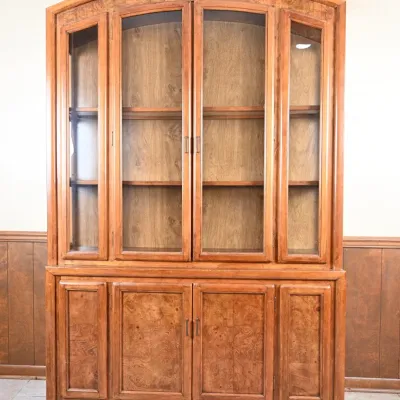 Sale Photo Thumbnail #25: Oak & Burl Veneer Arched China Hutch w/ Glass Doors
