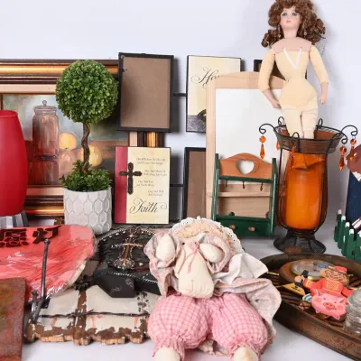 Sale Photo Thumbnail #243: Framed Art, Porcelain Doll, Birdhouse & Wall Decor