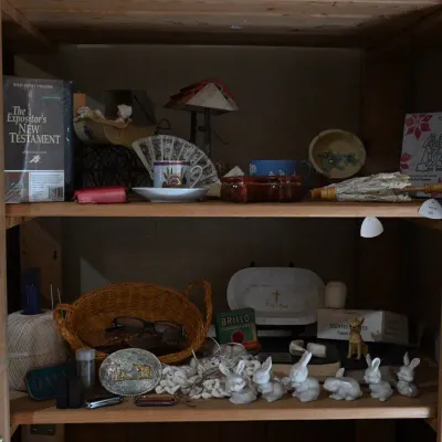 Sale Photo Thumbnail #300: Wooden Shelf w/ Religious Decor, Bunnies & Teacups