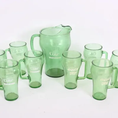 Sale Photo Thumbnail #79: Vintage Green Glass Coke Whataburger Mugs & Pitcher