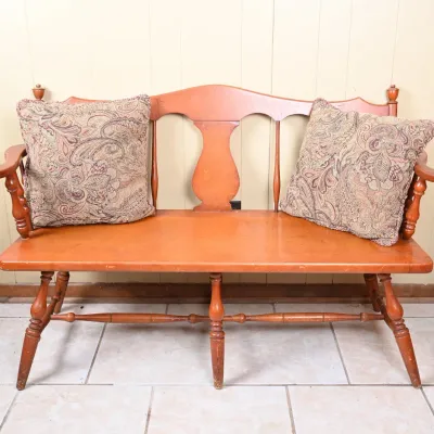 Sale Photo Thumbnail #20: Vintage Maple Deacon's Bench w/ Paisley Pillows