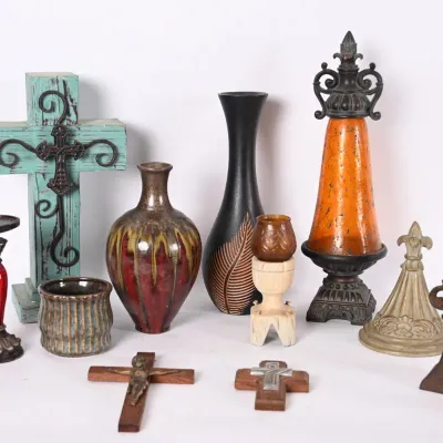Sale Photo Thumbnail #304: Wall Cross, Drip Glaze Vases & Candle Holders