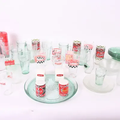 Sale Photo Thumbnail #78: Coca-Cola Glasses, Green Glass Plates & Shakers