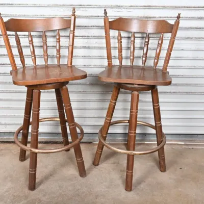 Sale Photo Thumbnail #121: Vintage Maple Spindle Back Swivel Barstools, Pair
