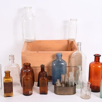 Sale Photo Thumbnail #222: Vintage Glass Medicine & Milk Bottles w/ Crate