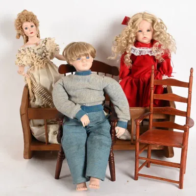 Sale Photo Thumbnail #308: Porcelain Dolls w/ Wood Bench & Doll Chairs