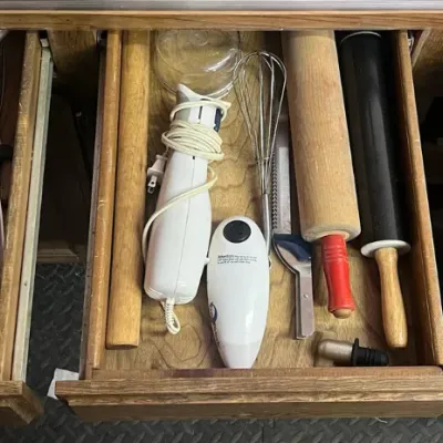 Sale Photo Thumbnail #316: Kitchen Utensils, Rolling Pins, Mixer & Openers