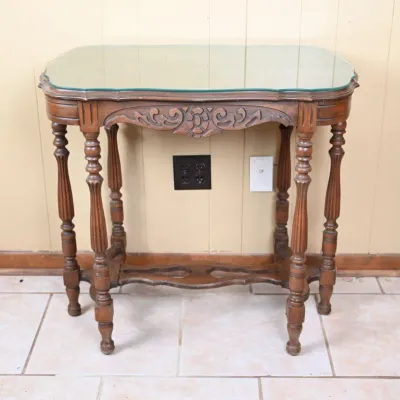Sale Photo Thumbnail #17: Vintage Carved Glass Top Side Table w/ Stretcher
