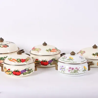 Sale Photo Thumbnail #87: Enamelware Vegetable Pattern Lidded Pots, Set of 5