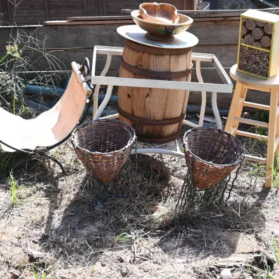 Sale Photo Thumbnail #274: Wood Barrel Table, Log Holder, Stool & Baskets