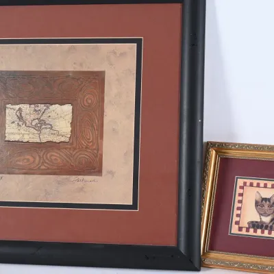 Sale Photo Thumbnail #209: Framed Egyptian Relief, Cat & Map Art