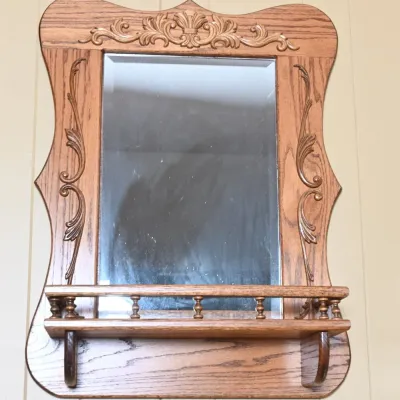 Sale Photo Thumbnail #109: Oak Carved Wall Mirror w/ Spindle Gallery Shelf