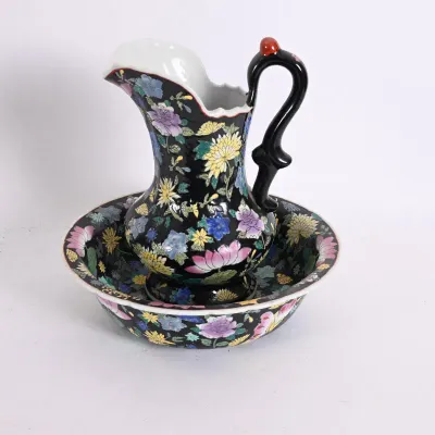 Sale Photo Thumbnail #195: Chinese Black Floral Porcelain Pitcher & Basin