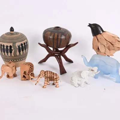 Sale Photo Thumbnail #153: Carved Elephants, Tribal Jar & Metal Bird Decor