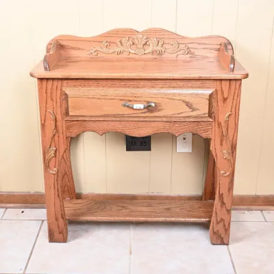 Sale Photo Thumbnail #18: Vintage Oak Side Table w/ Drawer & Gallery Top