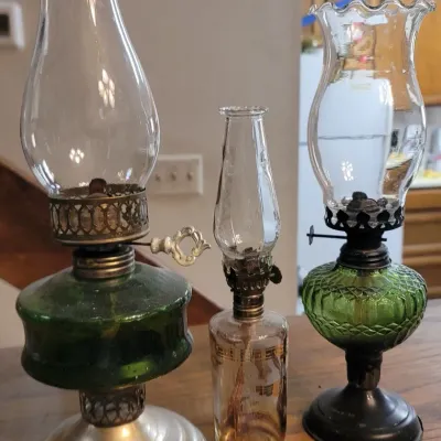 Sale Photo Thumbnail #22: Trio of vintage glass oil lamps, .