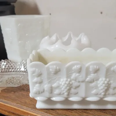 Sale Photo Thumbnail #19: Collection of vintage white milk glass items       