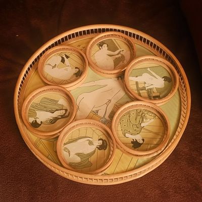 Sale Photo Thumbnail #212: Vintage Japanese Shunga Bamboo Serving Tray and Coaster Set