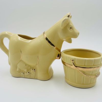 Sale Photo Thumbnail #207: Vintage Ceramic Cow and Bucket Planter Set