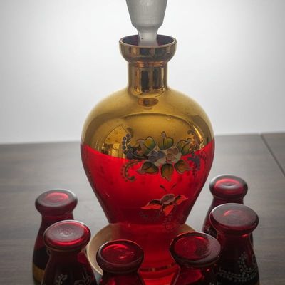Sale Photo Thumbnail #195: Vintage Murano Tre Fuochi Ruby Red Glass Decanter Set