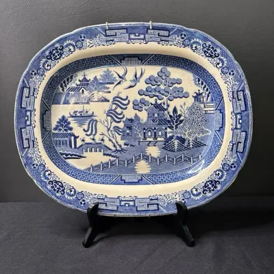 Vintage Blue & White Iron Stone China Scenic Transferware Oval Platter