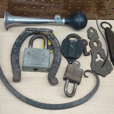 Rustic Metal Items, Locks, Horn And More