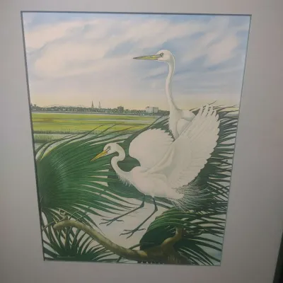 American Egrets With Charleston Skyline By Anne  Worsham Richardson