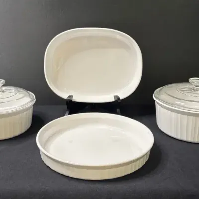 Vintage Corning Ware White Ribbed Casserole & Baking Dish Set
